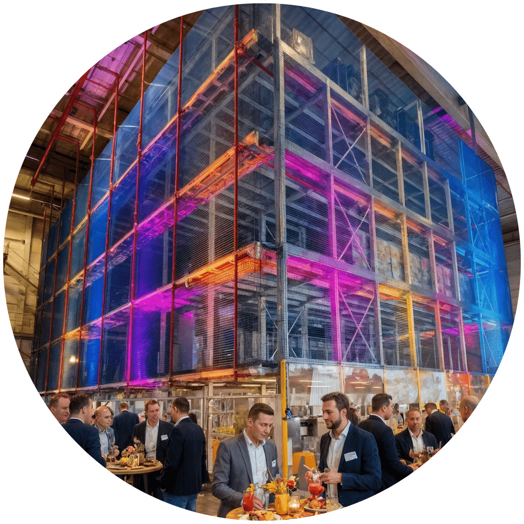 Geschäftsleute vor automatisierter Lagereinheit mit Beleuchtung NEXDOR professionelle Business Events